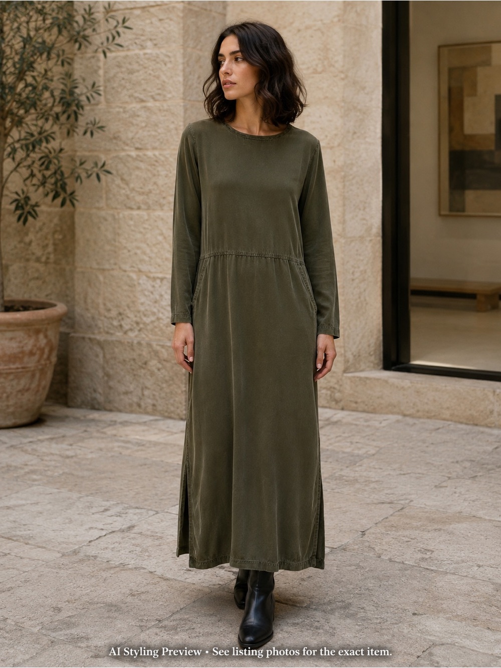 Mishki Studio Women’s S Olive Green Tencel Lyocell Maxi Dress 90s Minimalist